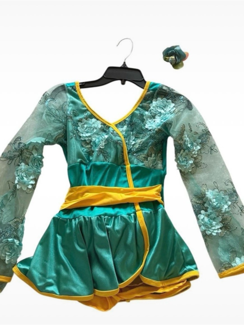 Girls Teal and Yellow Dance Costume with Floral Lace